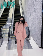 Lunivop Women’s 2 Piece Suit Casual Loose Premium Sense Jacket Solid Color Straight Trouser