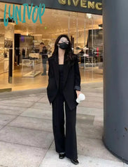 Lunivop Women’s 2 Piece Suit Casual Loose Premium Sense Jacket Solid Color Straight Trouser