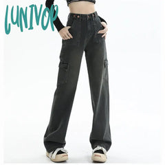 Lunivop Women’s Adjustable Button Design Jeans Street Style Vintage Casual Wide Leg Pants Female
