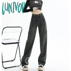 Lunivop Women’s Adjustable Button Design Jeans Street Style Vintage Casual Wide Leg Pants Female