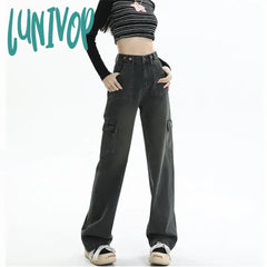 Lunivop Women’s Adjustable Button Design Jeans Street Style Vintage Casual Wide Leg Pants Female