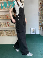 Lunivop Women’s American Black Denim Strap Pants Summer New Street Unisex Style Rompers Female