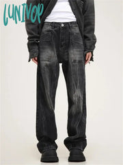Lunivop Women’s American High Street Retro Washed Old Black Pant Vintage Neutral Style Jeans