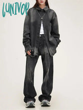 Lunivop Women’s American High Street Retro Washed Old Black Pant Vintage Neutral Style Jeans