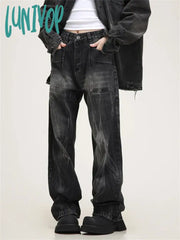Lunivop Women’s American High Street Retro Washed Old Black Pant Vintage Neutral Style Jeans
