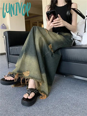 Lunivop Women’s American High Waist A-Line Ragged Edge Distressed Long Skirt Summer Autumn New