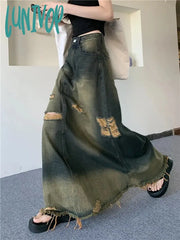 Lunivop Women’s American High Waist A-Line Ragged Edge Distressed Long Skirt Summer Autumn New