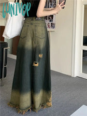 Lunivop Women’s American High Waist A-Line Ragged Edge Distressed Long Skirt Summer Autumn New