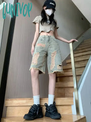 Lunivop Women’s American High Waist Perforated Denim Shorts Summer New Street Female Straight