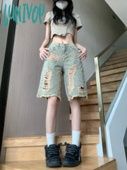 Lunivop Women’s American High Waist Perforated Denim Shorts Summer New Street Female Straight