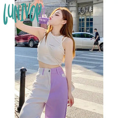 Lunivop Women’s American Hiphop Purple Splicing Jeans Summer New Chic Trousers Female Loose High