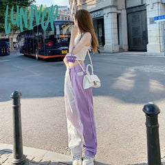 Lunivop Women’s American Hiphop Purple Splicing Jeans Summer New Chic Trousers Female Loose High