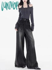 Lunivop Women’s American Retro Black Gray Loose Wide-Leg Pant Street Style High Waist Jeans