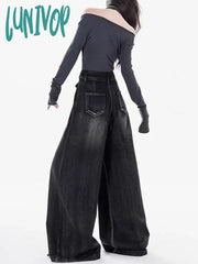 Lunivop Women’s American Retro Black Gray Loose Wide-Leg Pant Street Style High Waist Jeans