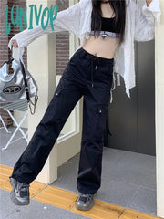 Lunivop Women’s American Retro High Waist Lace Up Black Casual Pants Spring Autumn New Street