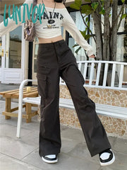 Lunivop Women’s American Retro High Waist Straight Barrel Dark Grey Casual Pants Spring Autumn