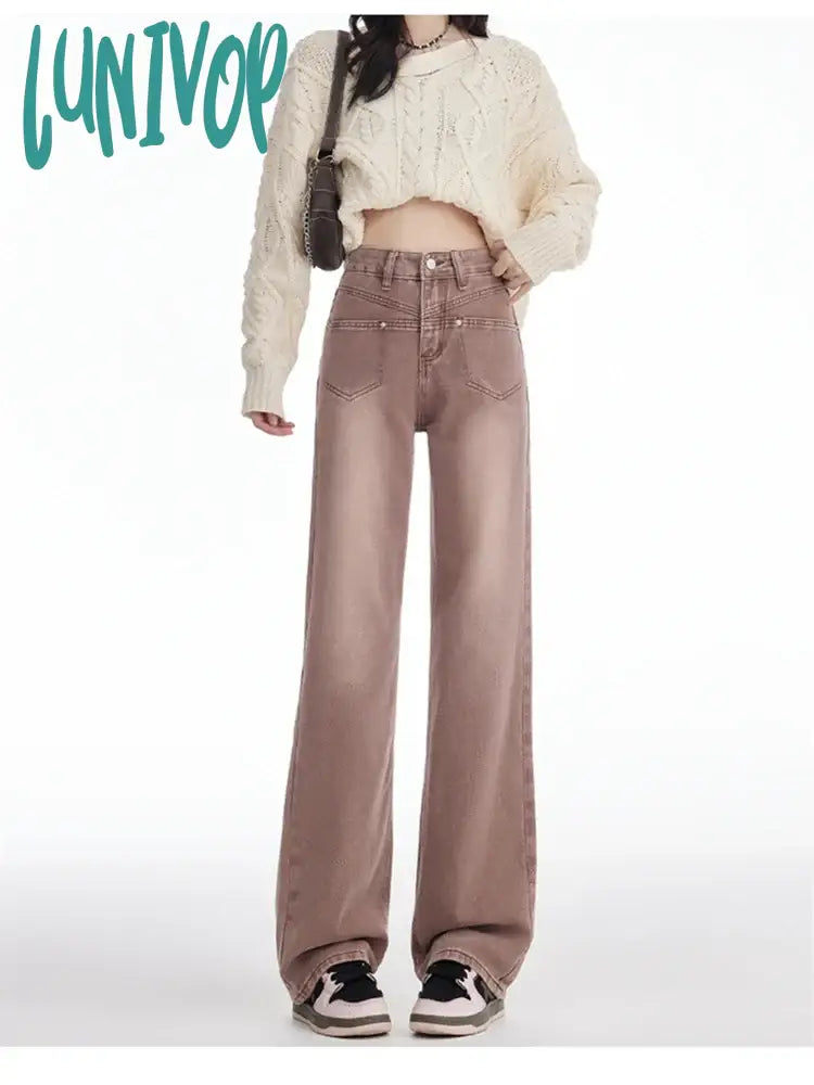 Lunivop Women’s American Retro High Waisted Design Pocket Thin Jeans Street Style Casual Pants