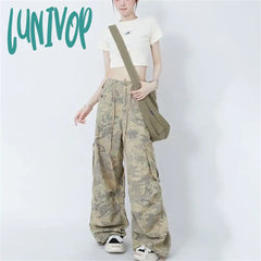 Lunivop Women’s American Retro Hip Hop Camouflage Pants Street Unisex Style Female Loose Wide Leg
