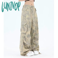 Lunivop Women’s American Retro Hip Hop Camouflage Pants Street Unisex Style Female Loose Wide Leg