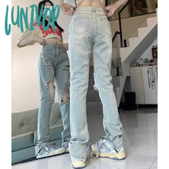 Lunivop Women’s American Ripped Zipper Split Blue Jeans Summer New Casual Street Style Trousers