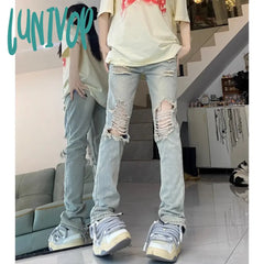Lunivop Women’s American Ripped Zipper Split Blue Jeans Summer New Casual Street Style Trousers