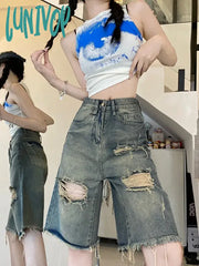 Lunivop Women’s American Straight Distressed Denim Shorts New Summer Chic Street Style Female
