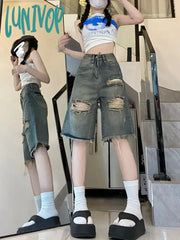 Lunivop Women’s American Straight Distressed Denim Shorts New Summer Chic Street Style Female