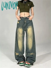 Lunivop Women’s American Street Broken Hole Design Pant Vintage Neutral Style Thin Jeans Female