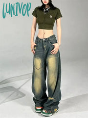 Lunivop Women’s American Street Broken Hole Design Pant Vintage Neutral Style Thin Jeans Female