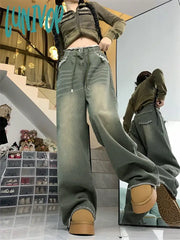 Lunivop Women’s American Street Drawstring Design Green Jeans Casual Style High Waisted Burr Edge
