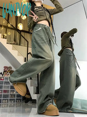 Lunivop Women’s American Street Drawstring Design Green Jeans Casual Style High Waisted Burr Edge