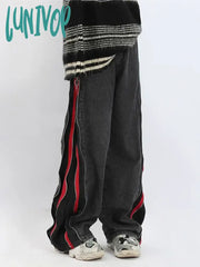 Lunivop Women’s American Street Zipper Design Splicing Pant Vintage Neutral Style Patchwork Jean