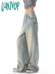 Lunivop Women’s American Vintage Washed Thin Jeans Street Casual Neutral Style Blue Denim