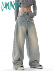 Lunivop Women’s American Vintage Washed Thin Jeans Street Casual Neutral Style Blue Denim