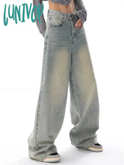 Lunivop Women’s American Vintage Washed Thin Jeans Street Casual Neutral Style Blue Denim