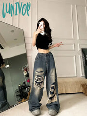 Lunivop Women’s American Wide Leg Washed Distressed Jeans Summer Autumn New Chic Fashion Female