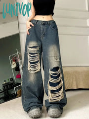 Lunivop Women’s American Wide Leg Washed Distressed Jeans Summer Autumn New Chic Fashion Female