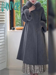 Lunivop Women’s Autumn Winter Solid Woolen Overcoat Single-Breasted Fur Collar Cuffs Long Jacket