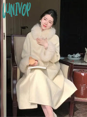 Lunivop Women’s Autumn Winter Solid Woolen Overcoat Single-Breasted Fur Collar Cuffs Long Jacket