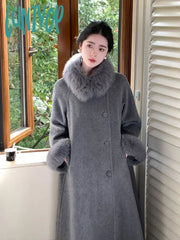 Lunivop Women’s Autumn Winter Solid Woolen Overcoat Single-Breasted Fur Collar Cuffs Long Jacket