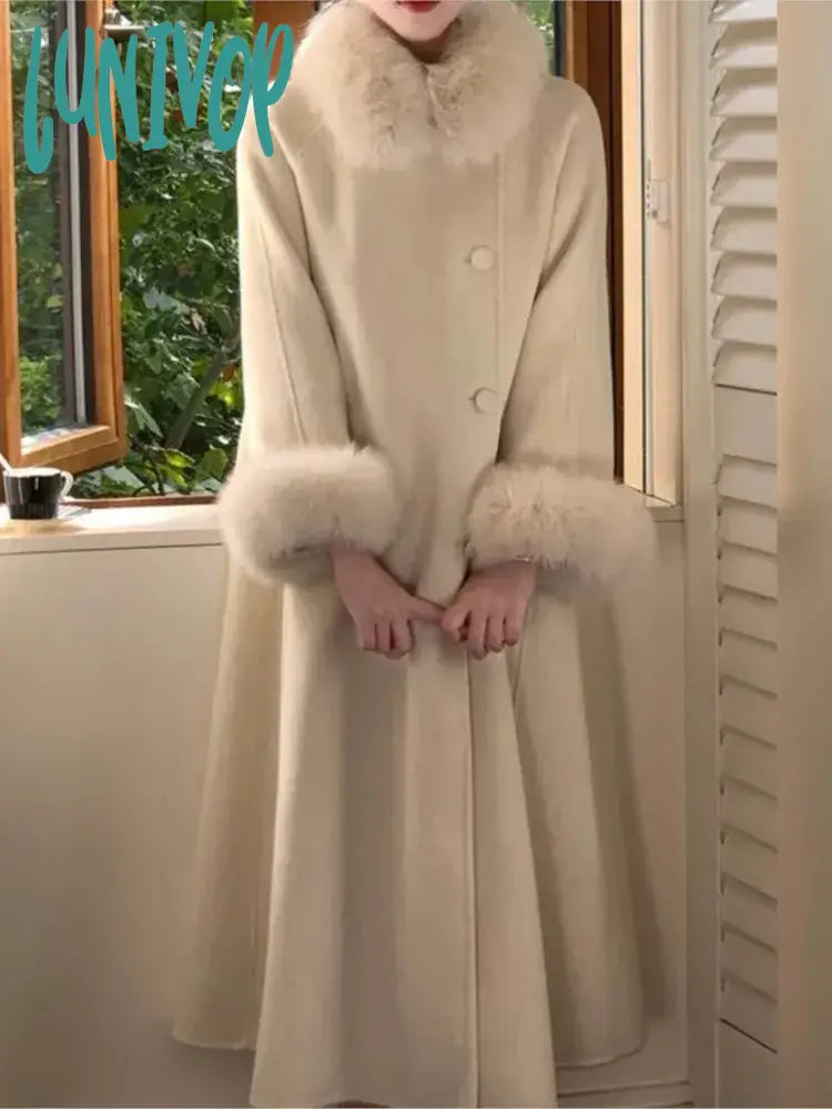 Lunivop Women’s Autumn Winter Solid Woolen Overcoat Single-Breasted Fur Collar Cuffs Long Jacket