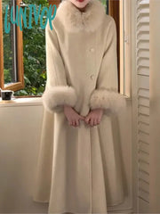 Lunivop Women’s Autumn Winter Solid Woolen Overcoat Single-Breasted Fur Collar Cuffs Long Jacket