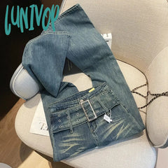 Lunivop Women’s Belt Design Flare Jeans Vintage American Style Casual Wide Leg Blue Pants Female