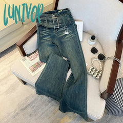 Lunivop Women’s Belt Design Flare Jeans Vintage American Style Casual Wide Leg Blue Pants Female
