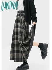 Lunivop Women’s Black Grey Plaid A-Line Woolen Plush Long Skirt College Style Autumn Winter