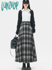 Lunivop Women’s Black Grey Plaid A-Line Woolen Plush Long Skirt College Style Autumn Winter
