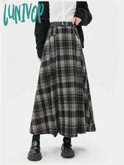 Lunivop Women’s Black Grey Plaid A-Line Woolen Plush Long Skirt College Style Autumn Winter