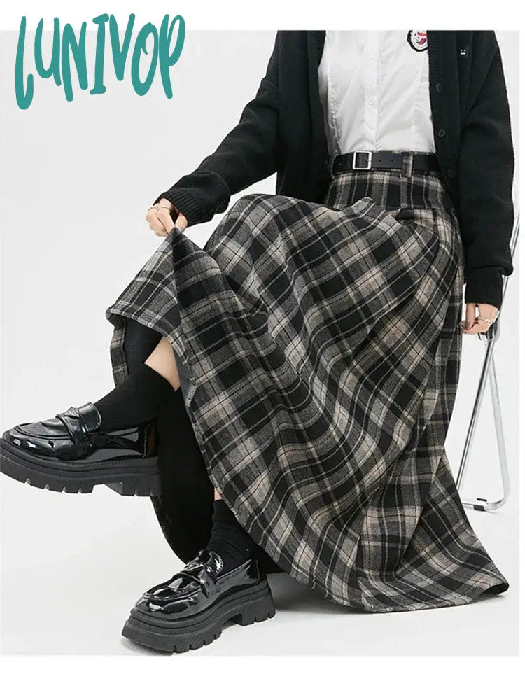 Lunivop Women’s Black Grey Plaid A-Line Woolen Plush Long Skirt College Style Autumn Winter