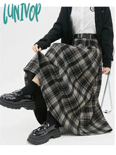 Lunivop Women’s Black Grey Plaid A-Line Woolen Plush Long Skirt College Style Autumn Winter