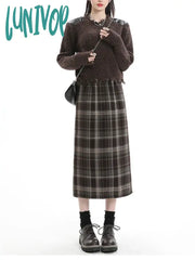 Lunivop Women’s Black Grey Plaid Woolen Plush Long Skirt College Style Autumn Winter Female High